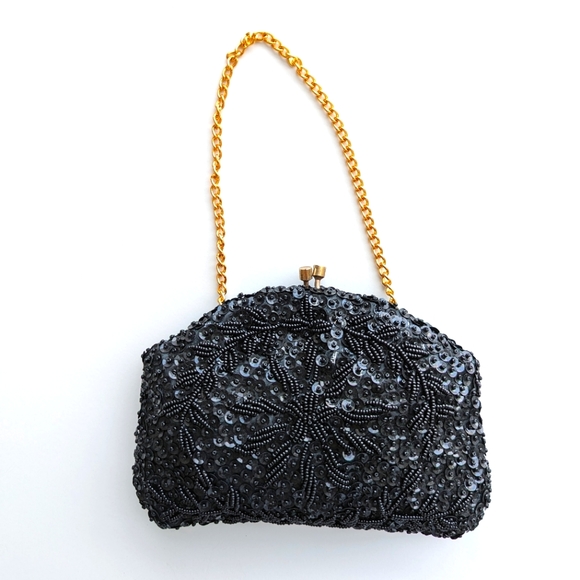 Vintage Handbags - Vintage Petite Black Sequin and Beaded Evening Bag with Chain Handle